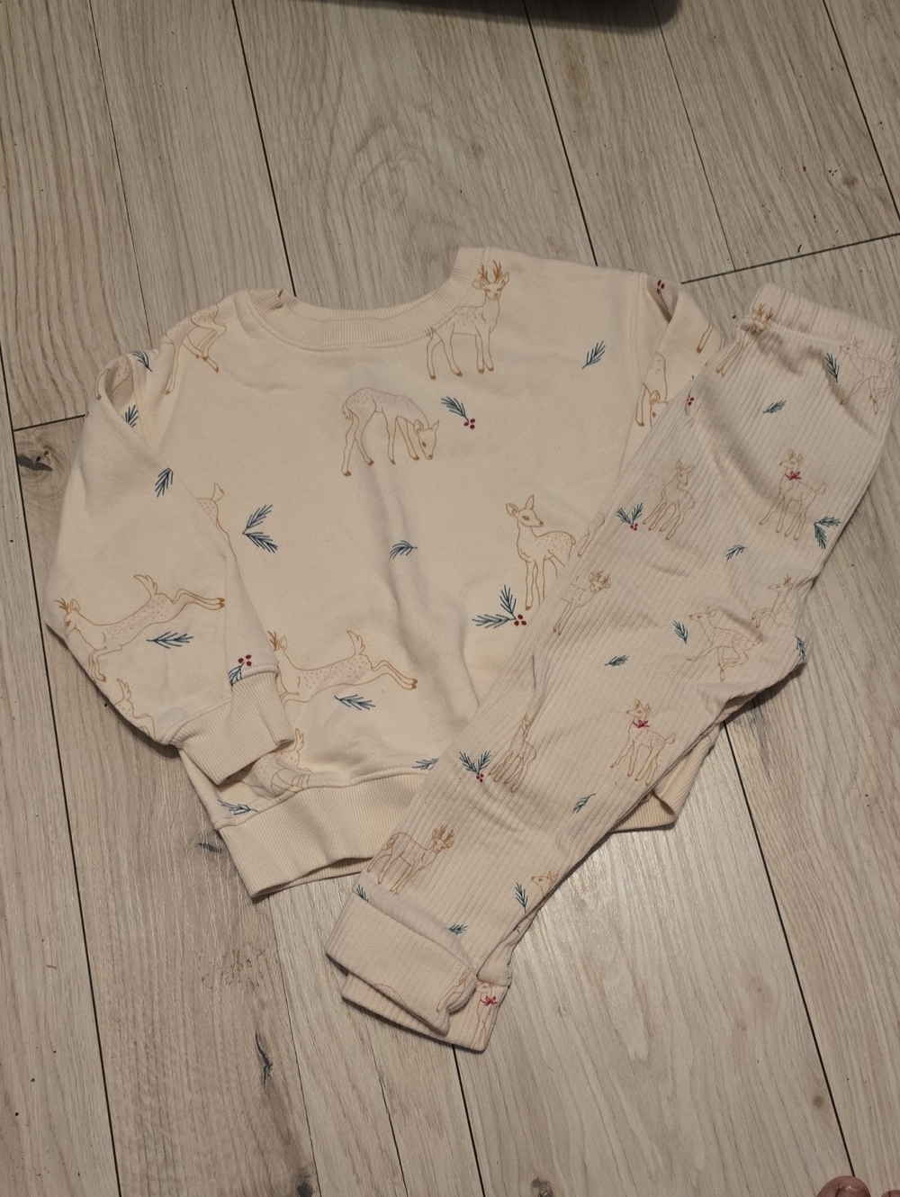Cream Deer-Print Kids Sweatshirt/Ribbed Pants Set